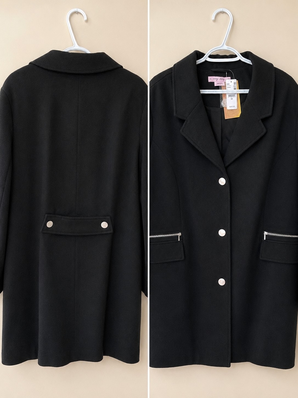 Penningtons Black Wool-Blend Pea Coat with Silver Accents